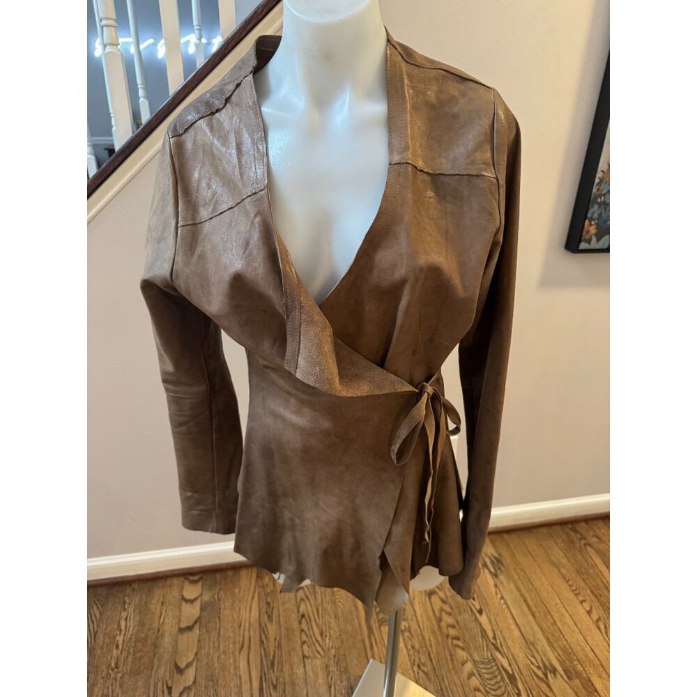 Stina Sayre Design Leather Distressed Hem Tie Wrap Jacket Brown Size Small